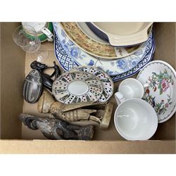 Portmeirion Botanic Garden jug, Poole Pottery planter, Denby coffee pot, Wedgwood Jasperware trinket box, Le Creuset oven dish and a collection of other ceramics, etc, in four boxes 