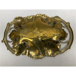Late 19th/early 20th century twin handled brass centrepiece dish in the form of oak leaves, raised upon four legs, L37cm