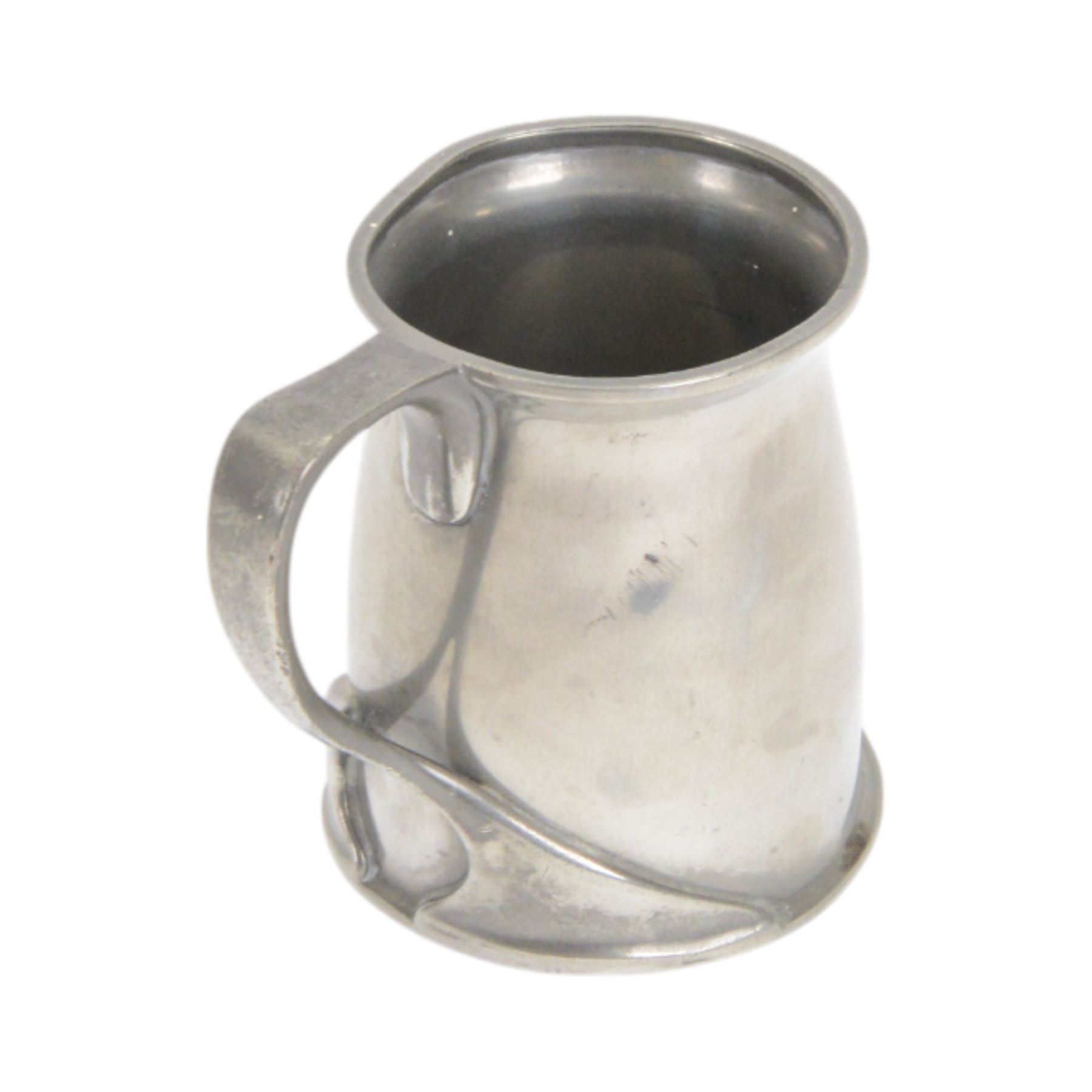 Liberty & Co Tudric pewter tankard, designed by Oliver Baker, model No.066, with a flared rim and whiplash scroll handle, stamped beneath Tudric English pewter, Libery & Co 066