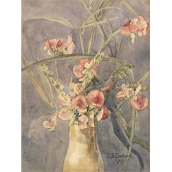 Edith Brearey Dawson (née Robinson) (British 1862-1928): Sweet Peas, watercolour signed and dated 1919, 15cm x 20cm 
Notes: Edith was the daughter of a Quaker Schoolmaster living in Scarborough as early as 1881, she studied under Albert Strange at the Scarborough School of Art, exhibiting at the Royal Academy and the RBA between 1889 and 1893. She married fellow artist Nelson Ethelred Dawson in 1893 then moving to London she mostly abandoned painting in favour of metal and enamel work.