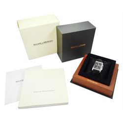 Baume Mercier Hampton gentleman's stainless steel chronograph quartz wristwatch, black dial with date aperture, on black leather strap and original fold-over clasp, boxed with papers
