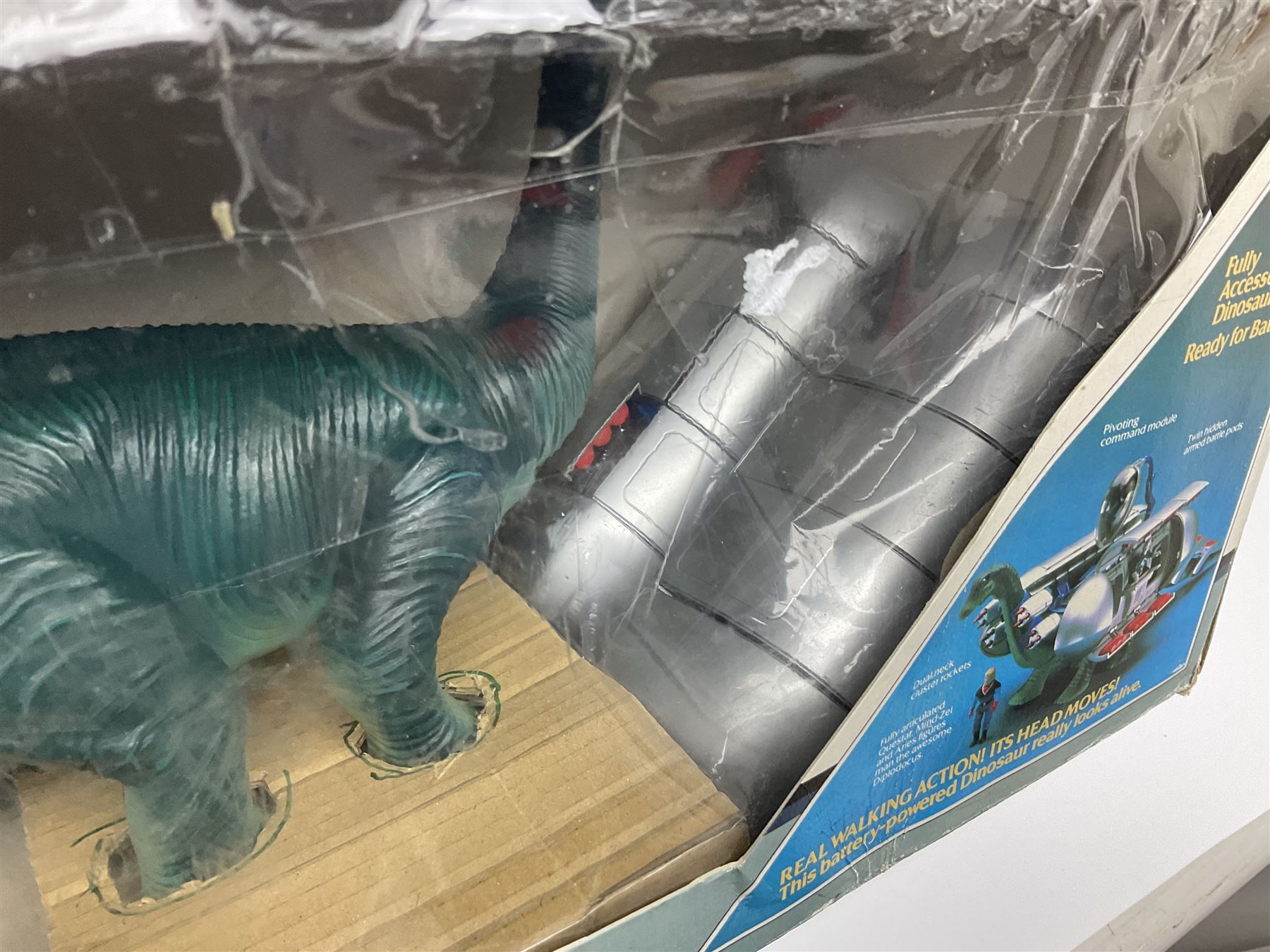 Dino-Riders, 1980s Tyco Action GT Toys, Diplodocus with Questar, Mind-Zei and Aries Heroic DinoRiders; boxed