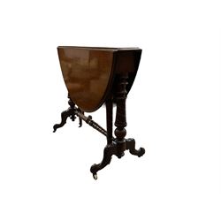 Victorian walnut drop-leaf Sutherland table, oval top with moulded edge, double gate-leg action, raised on turned and spiral carved supports united by stretcher, cabriole feet with foliate carving terminating in ceramic castors