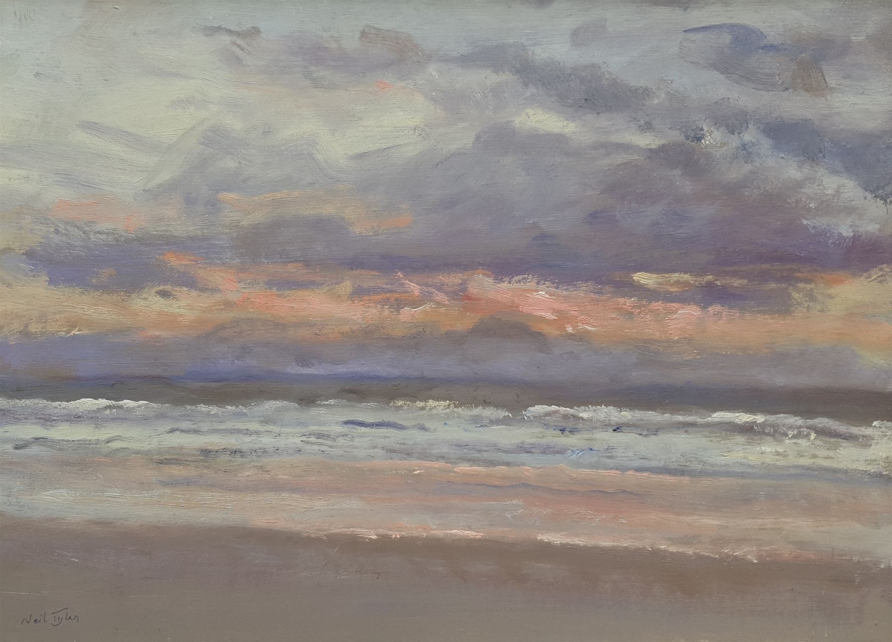 Neil Tyler (British 1945-): 'Stormy Sunrise' off the East Coast, oil on board signed, with a similar painting verso 31cm x 43cm