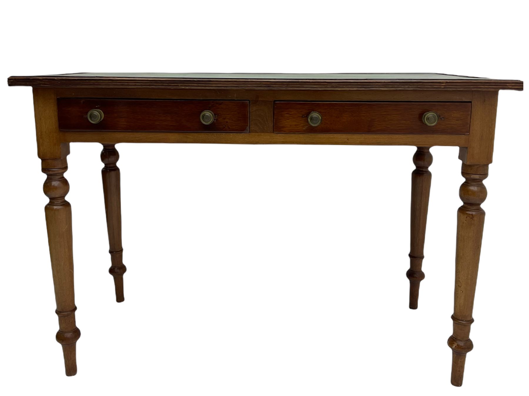 20th century mahogany writing table, inset leather top, fitted with two drawers