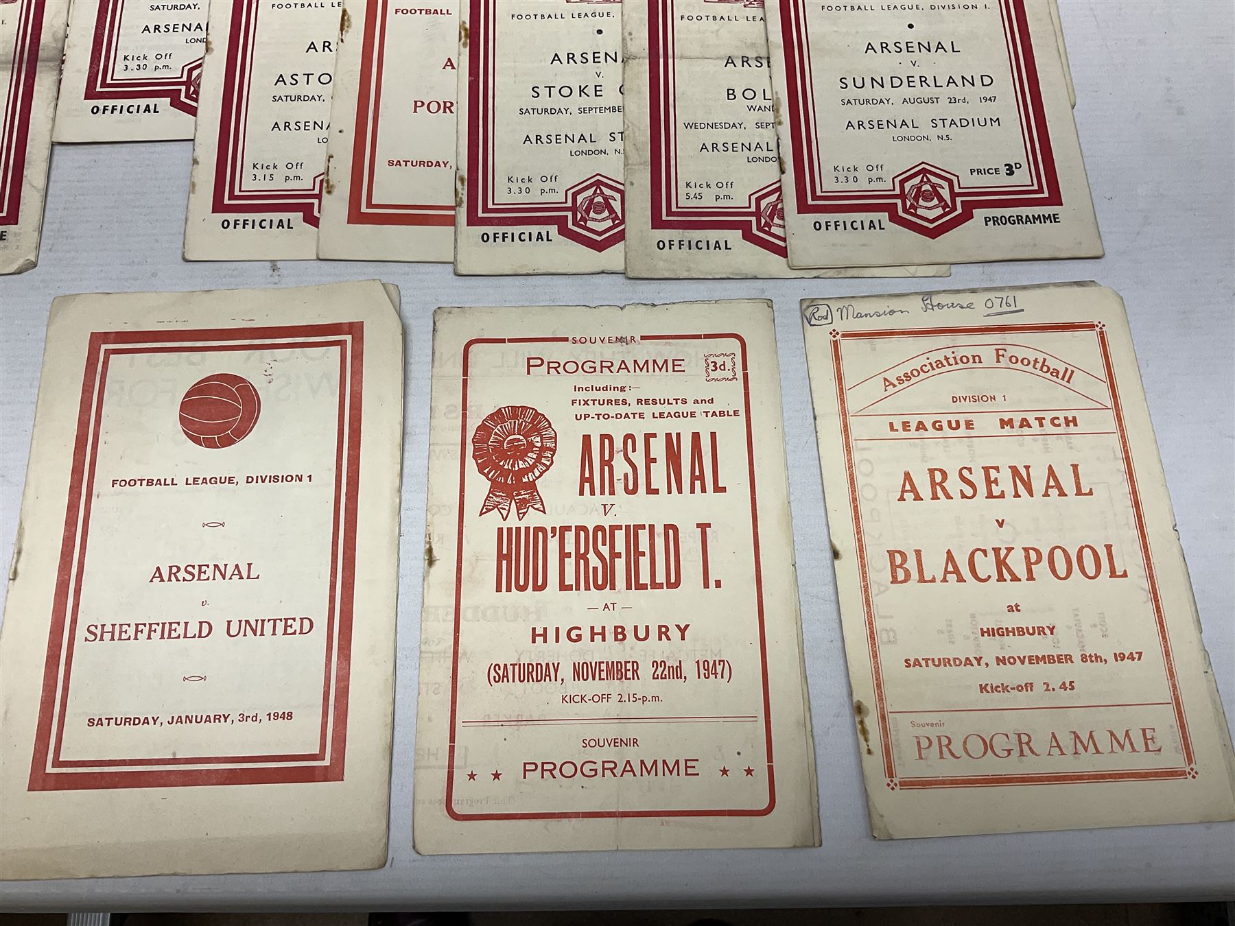 Arsenal F.C. - twenty-five home programmes 1947/48 including Division One, F.A. Cup, Football Combination Cup (Reserves) and a Friendly Match; some Souvenir editions and duplicates (25)