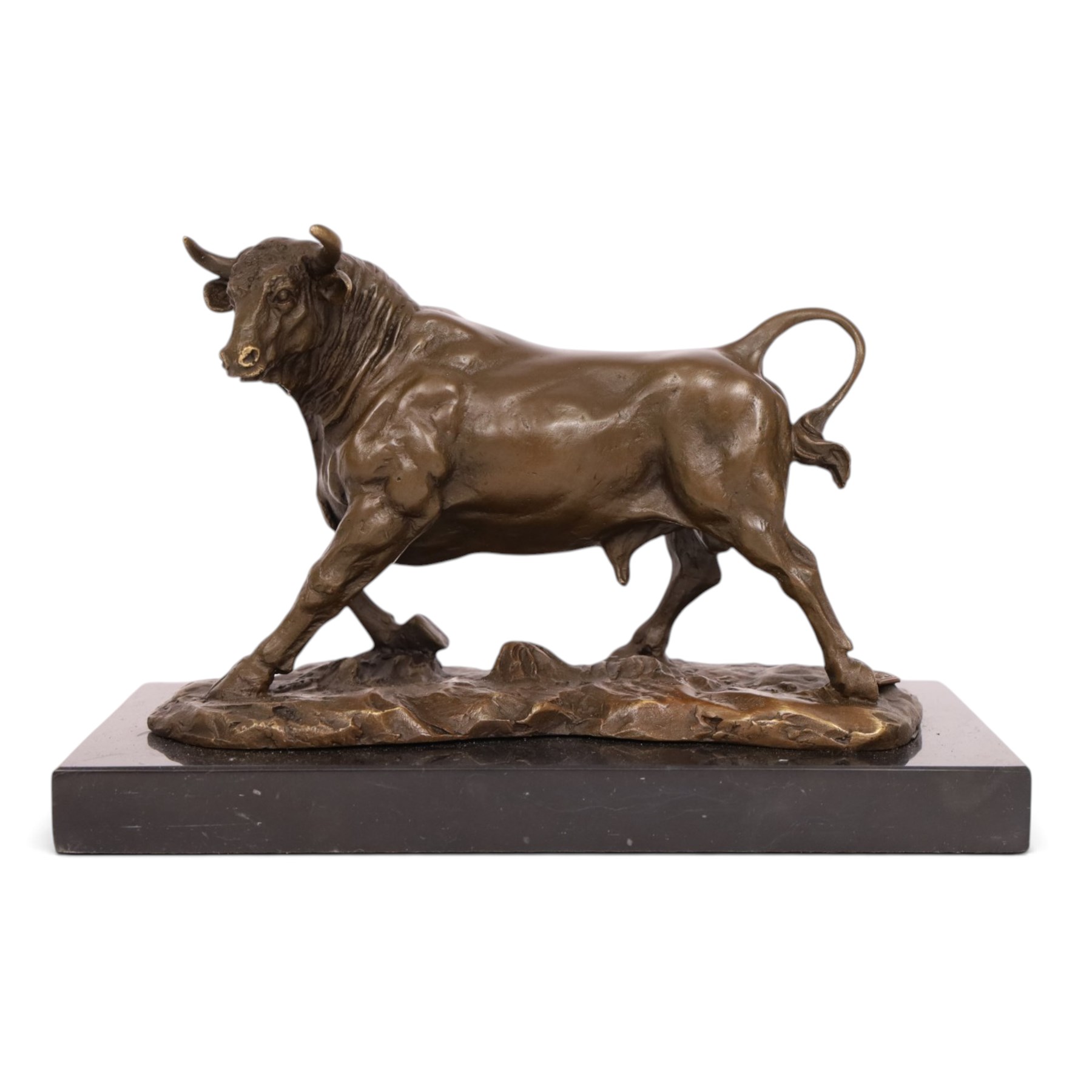 After Antoine-Louis Barye: bull upon naturalistic base, bronze, signed A Barye and bearing foundry mark, upon rectangular black stone plinth, overall H14cm L21cm