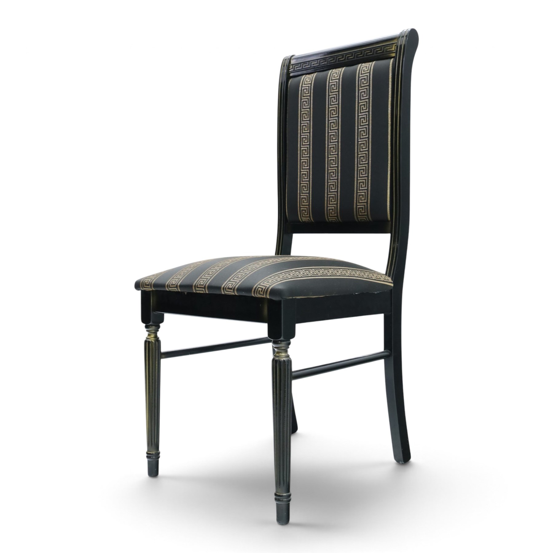 Italian Neoclassical inspired ebonised gloss dining table with four matching chairs,  circular top with additional leaf (Extends to  145cm) with Greek key banding, on a shaped pedestal base with gilt highlights and stepped plinth, the chairs en suite with padded back and seat with Greek key, reeded front supports