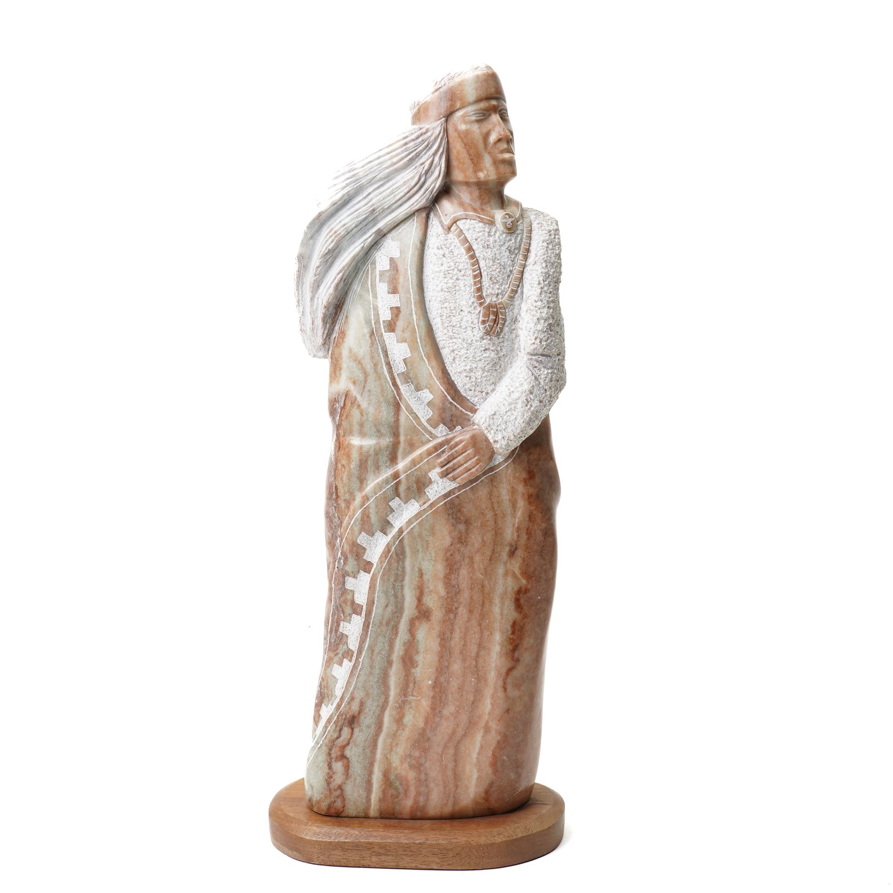 Roland Beyale (Native American Contemporary): Proudly Stood Man, carved alabaster sculpture signed and dated '97, on wooden base, overall H53cm 