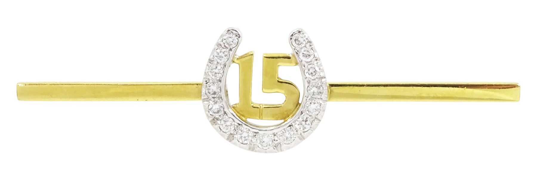18ct gold round brilliant cut diamond '15' horseshoe brooch by Cropp & Farr, London 1996