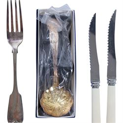 Silver dessert spoon, silver souvenir spoon, silver handled fish knife and two silver napkin rings, together with a collection of silver plated cutlery