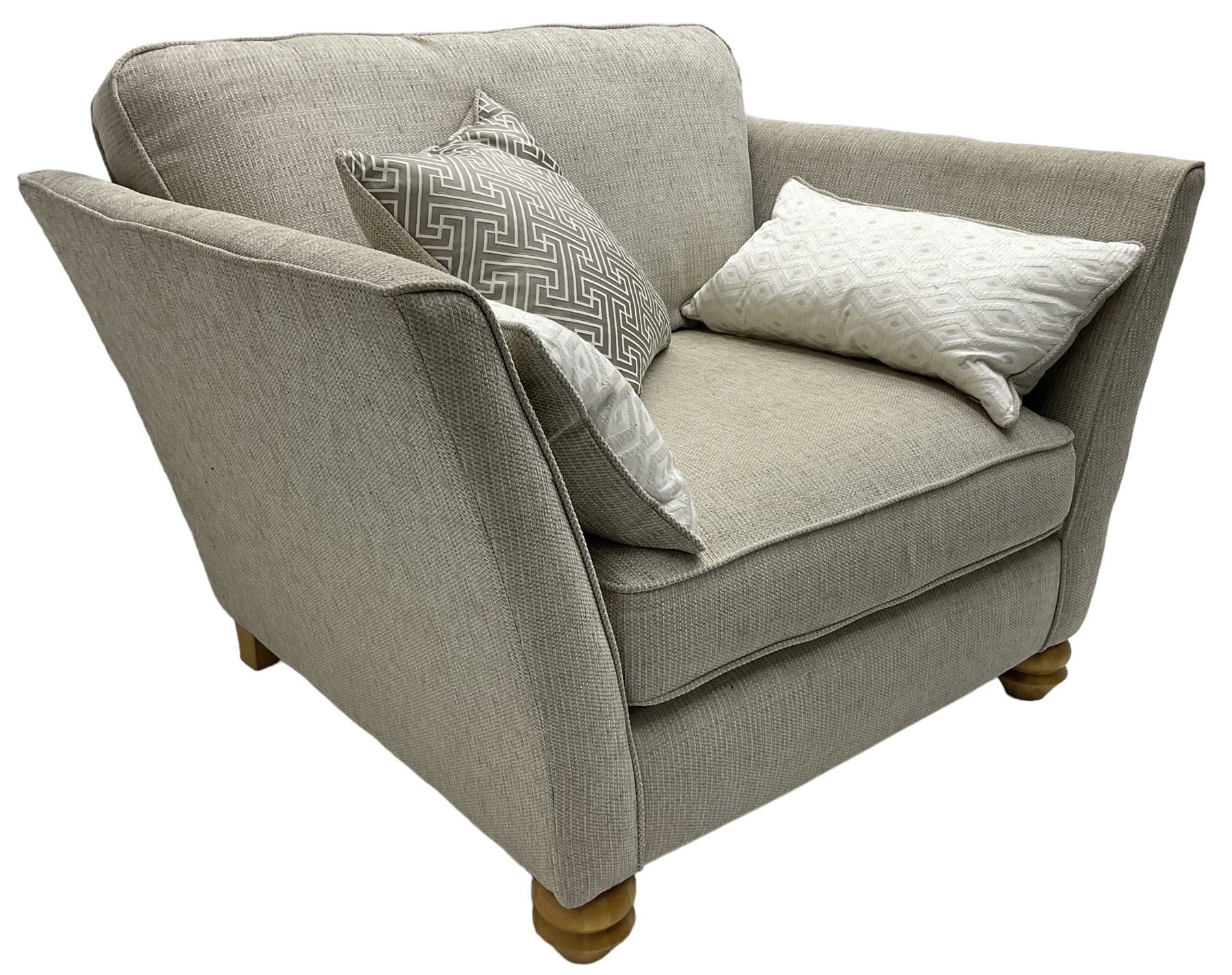Oak Furnitureland - three-piece lounge suite upholstered in grey fabric, large three-seat sofa (W238cm, D106cm), two-seat sofa (W209cm), and snuggler sofa (W129cm)