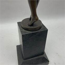 Bronzed semi nude female figure with one hand raised, upon a marble plinth, H43cm  
