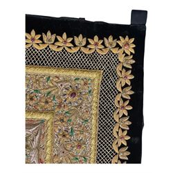 20th century large Zardozi wall hanging, hand embroidered in gold thread on black velvet ground with semi-precious stones and central medallion  149x93cm