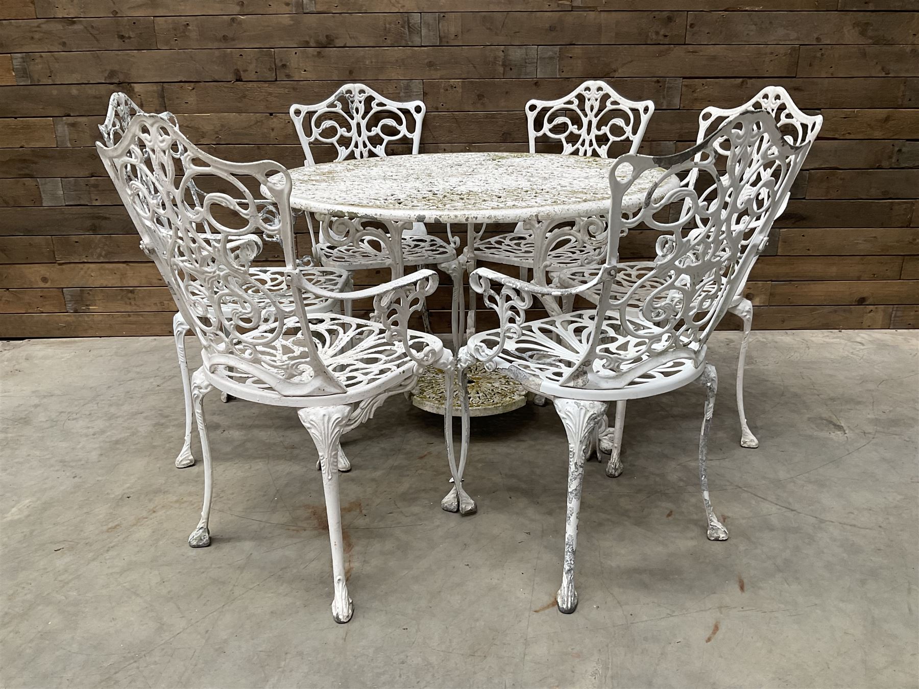 Victorian design cast aluminium circular garden table (D109cm, H72cm) and six armchairs 