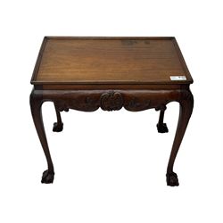 Late 19th to early 20th century mahogany side table, rectangular top with applied raised moulding, curved upper rails carved with C-scroll cartouches and extending curled leaves, bellflower carved cabriole supports with ball and claw feet 