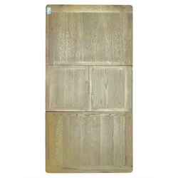 Light oak extending dining table, with four chairs, breadboard ends with integrated fold out leaf with latches, on square supports, tall slatted backrest with brown leather drop in seat  

(Extended 165cm)