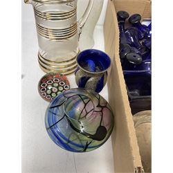 Millefiori paperweight, together with art glass vase, lemonade jug and other glassware 