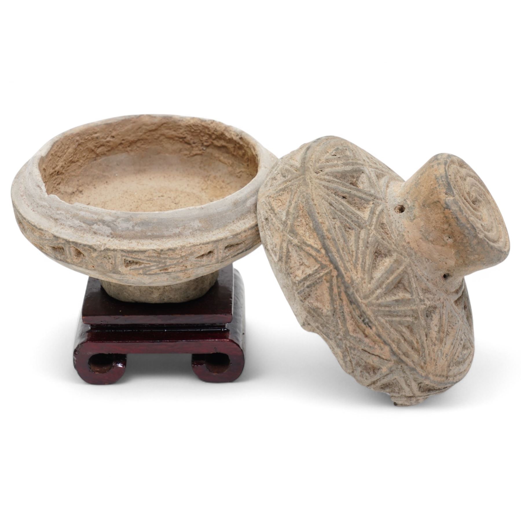 Chinese Western Han Dynasty pierced and carved earthenware incense burner,  c.206BC-24AD, on hardwood stand, H12.5cm 