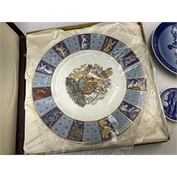 Six Royal Copenhagen year plates, together with two small dishes and two Piet Hein plaques, and four Spode 'The Selby Abbey Plate' and Minton 'The Queen's Jubilee Plate', all boxed