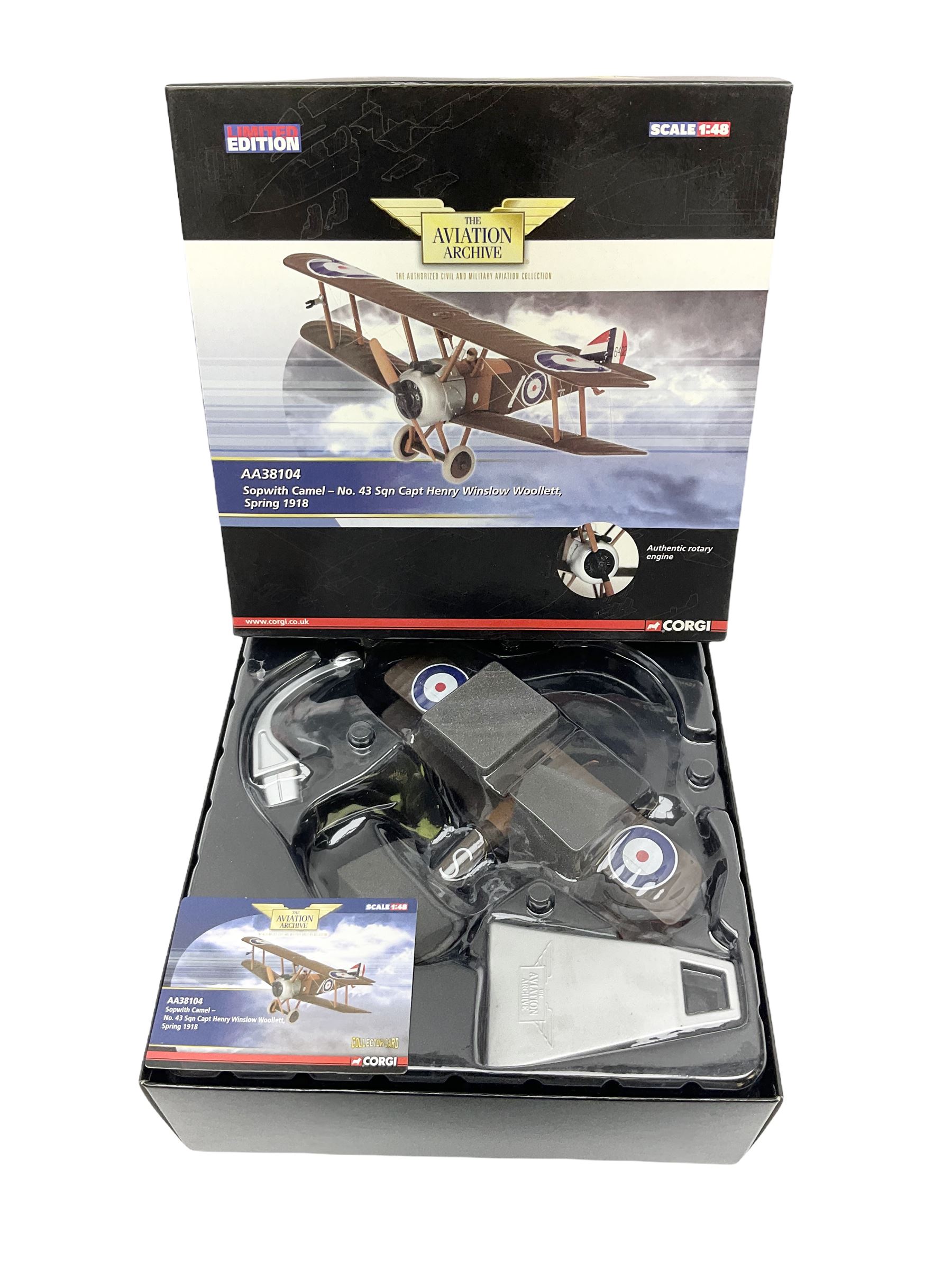 Four Corgi Aviation Archive limited edition die-cast models of aircraft comprising AA33418 Westland Sea King HC4 No.1174/1500; AA35011 Gloster Meteor F.8, No.355/1250; AA38104 Sopwith Camel No.692/1500 and AA37302 DH Vampire FB.9 No.82/2210; all boxed with certificates (one with slip-case); together with two Oxford De Havilland die-cast aircraft - D.H.82A Tiger Moth T-6296 and D.H.89 Dragon Rapide G-AIYR; both boxed (one with slip case) (6)