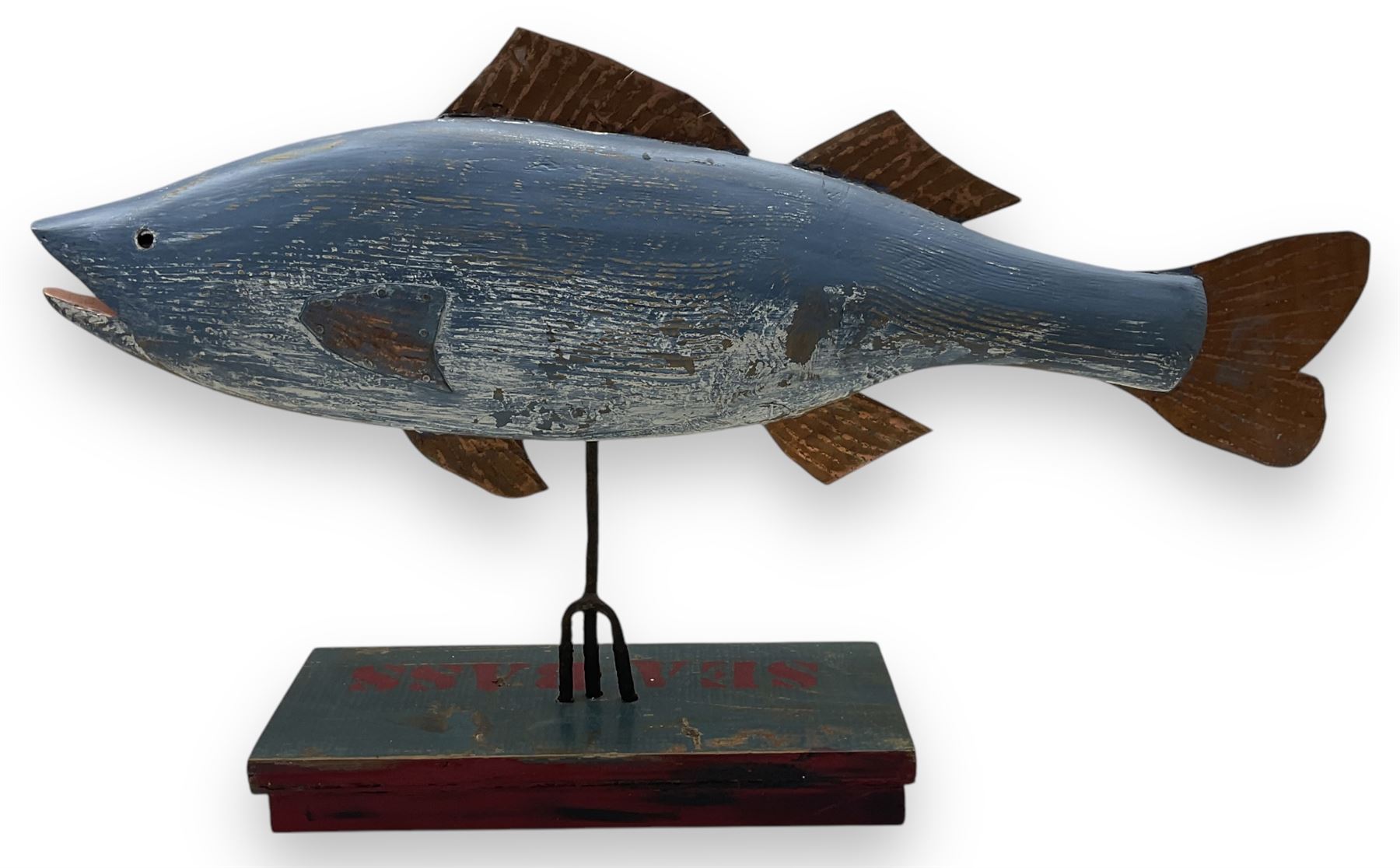 John Thornton (Northern British 1944-): 'Seabass', carved and painted driftwood sculpture, signed and titled to base, H35cm W56cm D10.5cm