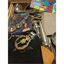 Collection of silver plate and other metal ware, including cutlery, salt and pepper pots, wall clock and other collectables, in two boxes 
