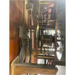 Lenzkirch – 8-day walnut cased weight driven Vienna regulator manufactured 1877-1878, with a break-arch pediment surmounted by a turned finial on a raised cavetto molding, fully glazed arched  door flanked by long ring turned pendants, flat base with open fretwork and two short pendants,  two piece enamel dial within a brass slip, Roman numerals, minute track and pierced steel hands, wooden pendulum with a brass faced bob, two brass cased weights and pulleys, dead beat escapement with a rack striking movement sounding the hours and half hours on a coiled gong, movement serial number 421410. 
Lenzkirch were one of Germanys most highly respected clock manufacturers of the 19th century, founded in the late 1850s the company produced movements and cases of high quality up until 1932.
