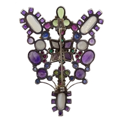 Early 20th century Arts & Crafts silver brooch, milgrain set with gemstones including diamonds, sapphires, amethysts, cabochon moonstones, emeralds and peridots, in the manner of Sibyl Dunlop
