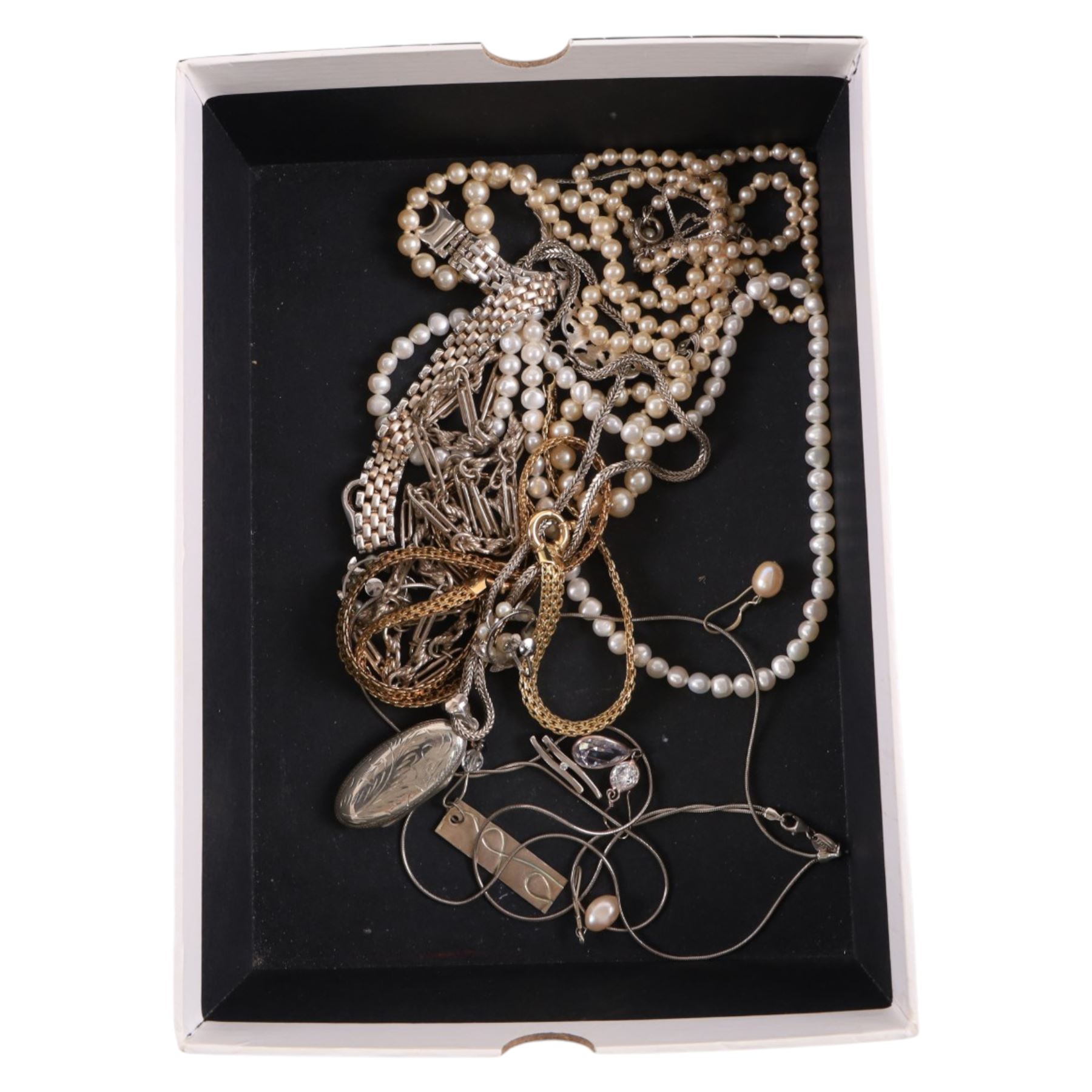 18ct gold split pearl brooch, 9ct gold stone set belly bar, 9ct and silver paste ring, rolled gold ring, silver jewellery, including locket, chains, silver gilt necklace and bracelet, hardstone pendant necklace, earrings, turquoise bracelet, etc