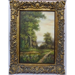  Rural Landscape with Footpath and River, oil on canvas unsigned 90cm x 60cm in ornate gilt frame  