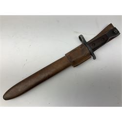 WW1 American Remington P14 rifle bayonet Model 1913, the 43cm fullered steel blade dated 5 17; in metal mounted leather scabbard L57cm overall; and WW1 Canadian Ross Rifle Co.1907 Model Mk.II bayonet, dated 2/17; in leather scabbard with frog (2)