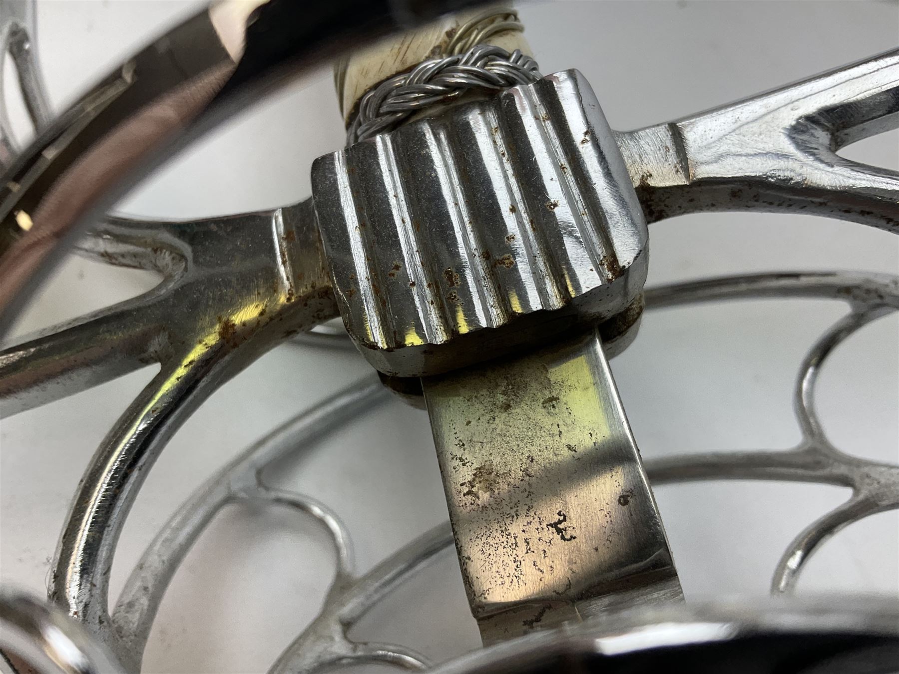 Replica knight's longsword, the 91.5cm double-edged steel blade with basket hilt and wire-bound bone grip with spherical pommel, in leather scabbard L112cm overall