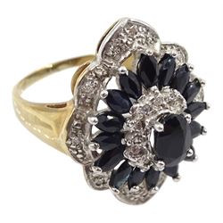 9ct gold sapphire and diamond chip cluster ring, hallmarked