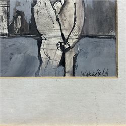 Larry Hilary Eduard Wakefield (British 1925-1997): Lovers by the Houses, mixed media signed 34cm x 34cm 