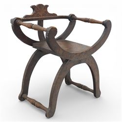 Late 19th century Savonarola style oak chair, X-frame construction with carved and shaped ...