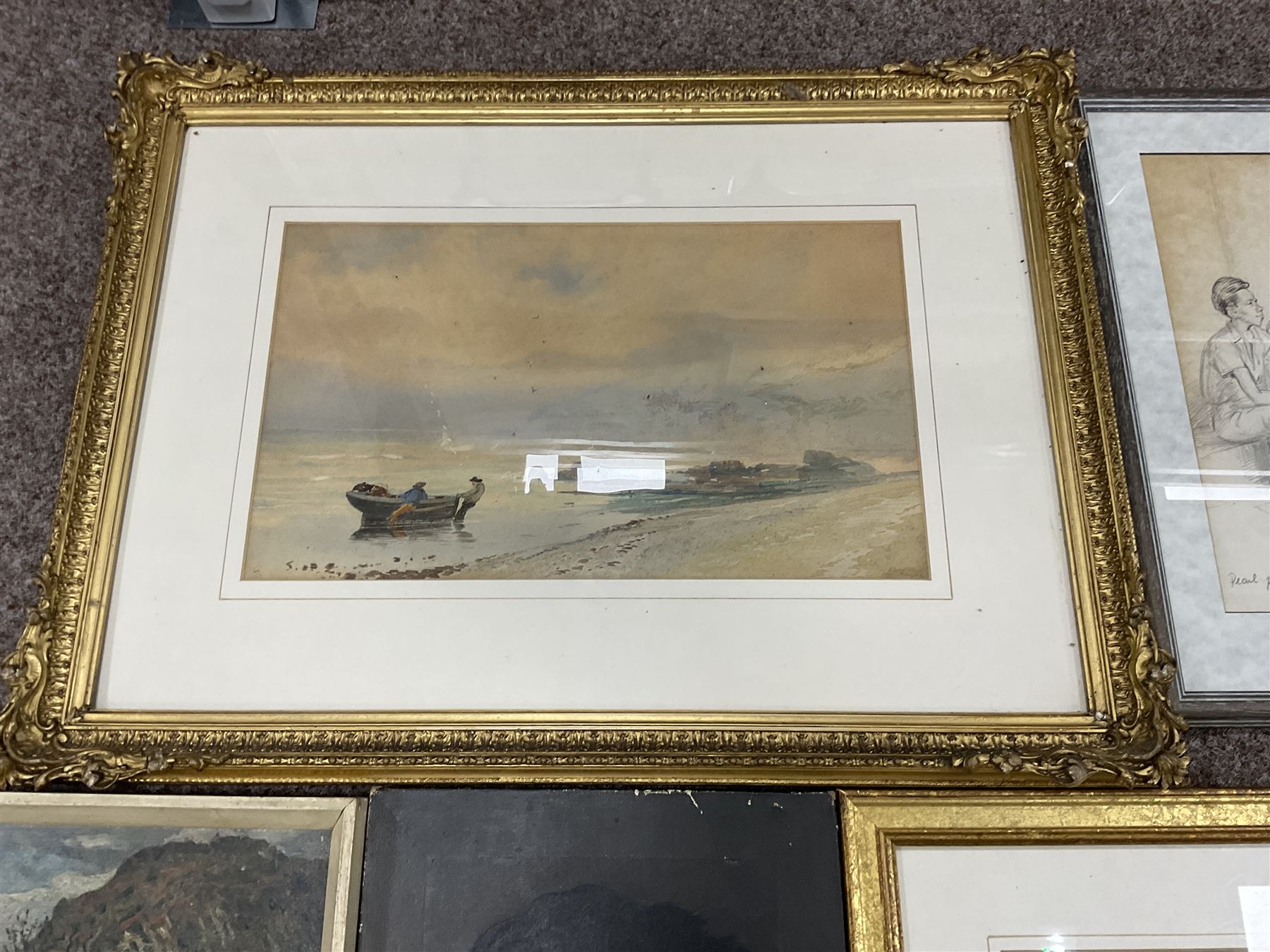 Watercolours and paintings, including Cecil Gracey street scene, Juliet Pannett pencil, portrait oil, coastal watercolour in quality gilt frame, William Ashton herding cattle watercolour, Ernest Forbes oil, etc