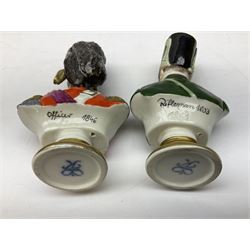 Group of Napoleonic busts comprising ‎Rudolf Kämmer Volkstedt examples of General Jean Lannes, 1st Duc de Montebello and Scottish Highland Infantry soldier and Rifleman 1803, all with blue crowned K marks beneath, and a bust of Napoleon raised upon square plinth, tallest H12cm