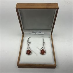 Pair of silver and Baltic amber pendant earrings, stamped 925, boxed 