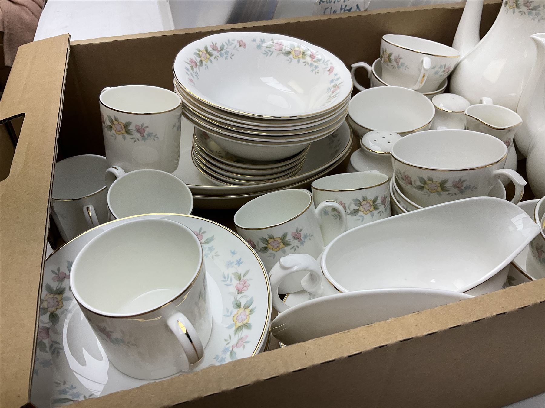 Mayfair tea and dinner wares decorated with floral design and gilding, to include lidded tureen, tea and coffee pots and cups, dinner plates etc, together wtih a quantity of Burslem Till & Sons Empire bowls etc