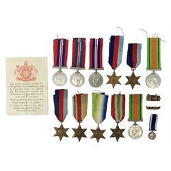 Eleven WW2 medals comprising three 1939-1945 war medals, two Defence medals, three 1939-1945 Stars, Atlantic Star, Africa Star and Italy Star; miniature QEII Naval LS & GC medal; all with ribbons; and WW2 postumous medal slip to Flight Sergeant L.N. Clark
