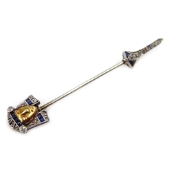  Art Deco gold Pharoah pin set with diamonds and sapphires stamped 18ct  