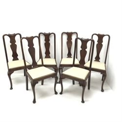 Set six Queen Anne style mahogany dining chairs, shaped cresting rail, upholstered seat, cabriole legs, W53cm