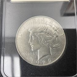 United States of America 'The Complete Peace Dollar Mintmark Collection' formed of 1921 Philadelphia, 1922 San Francisco, 1928 Denver Peace Dollars and 'MS70 Silver Eagle Collection' formed of inaugural strike and inaugural strike type II silver Eagle one dollar coins, both sets cased with certificates 