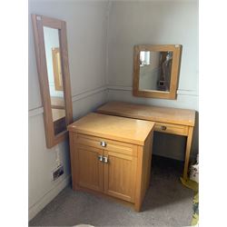 Light oak side cabinet, two drawer side table and two mirrors- LOT SUBJECT TO VAT ON THE HAMMER PRICE - To be collected by appointment from The Ambassador Hotel, 36-38 Esplanade, Scarborough YO11 2AY. ALL GOODS MUST BE REMOVED BY WEDNESDAY 15TH JUNE.