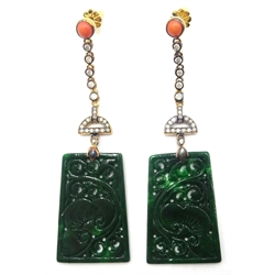  Pair of carved jade, coral and diamond pendant ear-rings  