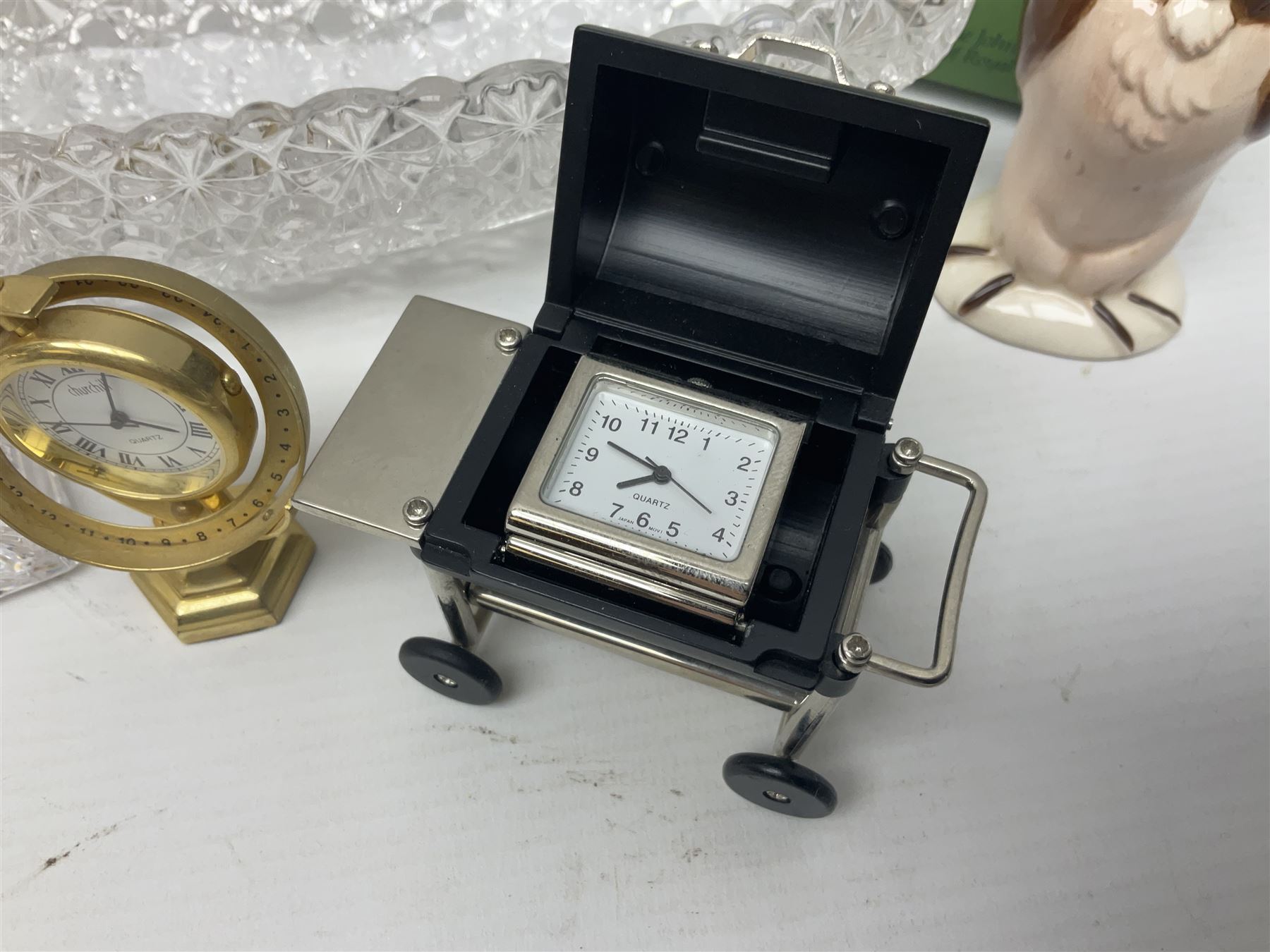 Six small mantel clocks; Grace Darling moulded glass dish; and boxed Beswick figure