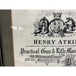 Framed display of three trade gun case labels for Joseph Lang & Son, Henry Atkin and Stephen Grant & Sons, mounted in Hogarth style frame 56 x 25cm