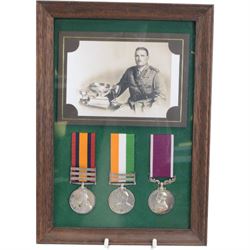 Military medals awarded to two generations of the Lattimore family, Boer War trio; Queen South Africa medal with clasps for Johannesburg, Orange Free State and Cape Colony, Kings South Africa medal with clasps for South Africa 1902 and South Africa 1901 and  Army Meritorious Service Medal, G.V.R, awarded to Frederick John Barcham Lattimore Norfolk Regiment and set of six medals; Burma Star, Defence Medal, War Medal, 1939-45 Star, General Service Cross and National Service Medal, awarded to Captain Albert Edward Lattimore 2nd para Battalion the 3rd Madras Regiment, Indian Army, together with insignias other items relating to Madras Regiment, photographs and ephemera  
