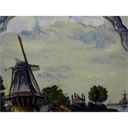 Large 19th century Delft Polychrome wall plaque of shaped form painted with figures, sailing boats and windmills in a river landscape  